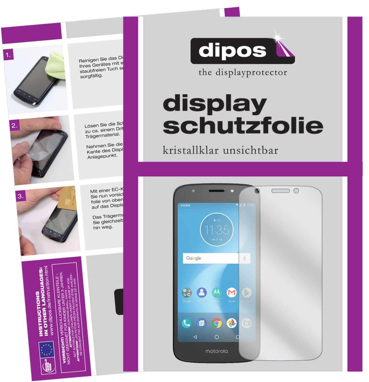 MotorolaMoto E5 Cruise mit aufgebrachter dipos Displayschutzfolie, glasklare Darstellung ohne Einschränkungen