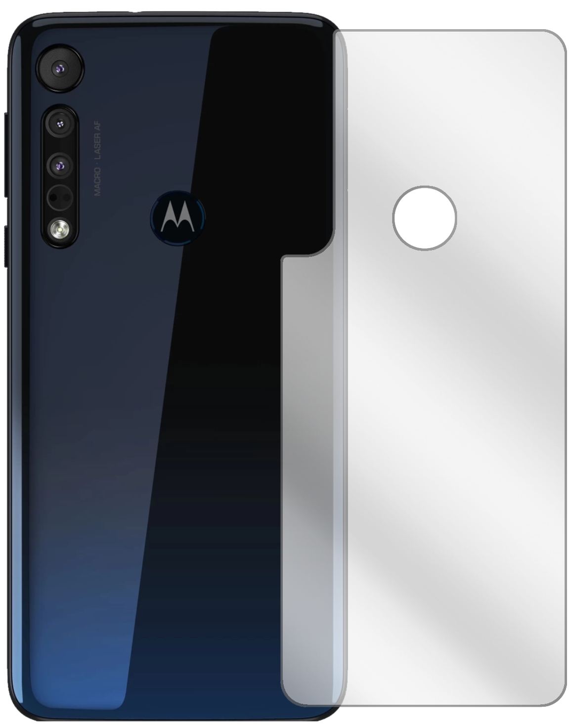 MotorolaOne Macro Rückseite mit aufgebrachter dipos Displayschutzfolie, glasklare Darstellung ohne Einschränkungen