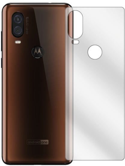 MotorolaOne Vision Rückseite mit aufgebrachter dipos Displayschutzfolie, glasklare Darstellung ohne Einschränkungen