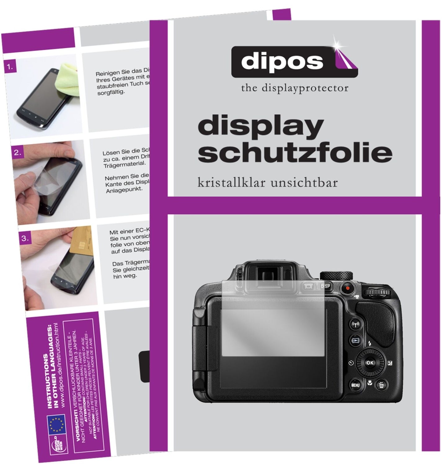 NikonCoolpix B600 mit aufgebrachter dipos Displayschutzfolie, glasklare Darstellung ohne Einschränkungen