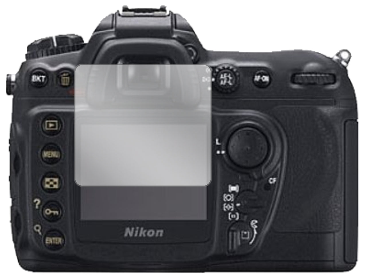 NikonD200 mit aufgebrachter dipos Displayschutzfolie, glasklare Darstellung ohne Einschränkungen