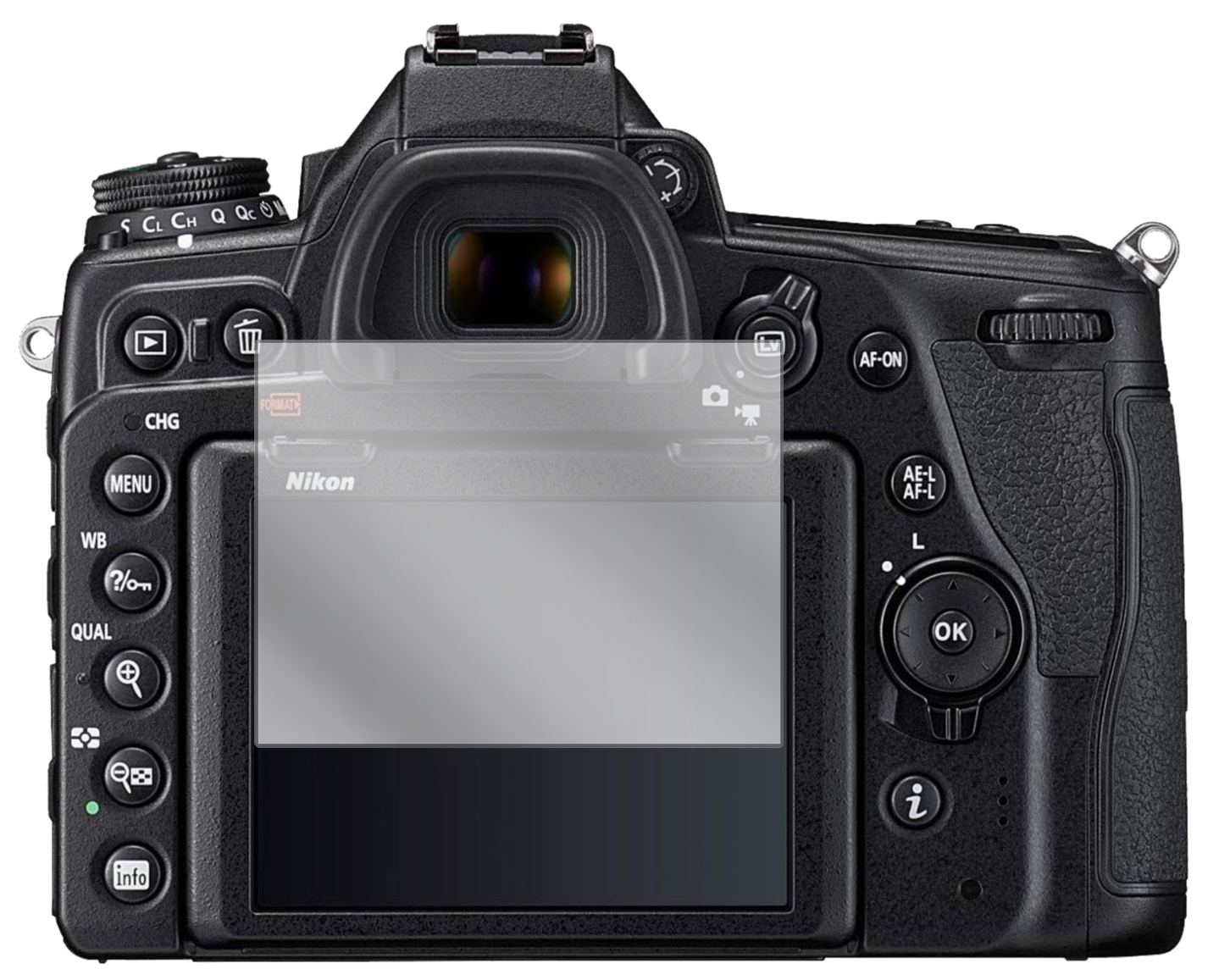 NikonDSLR D780 mit aufgebrachter dipos Displayschutzfolie, glasklare Darstellung ohne Einschränkungen