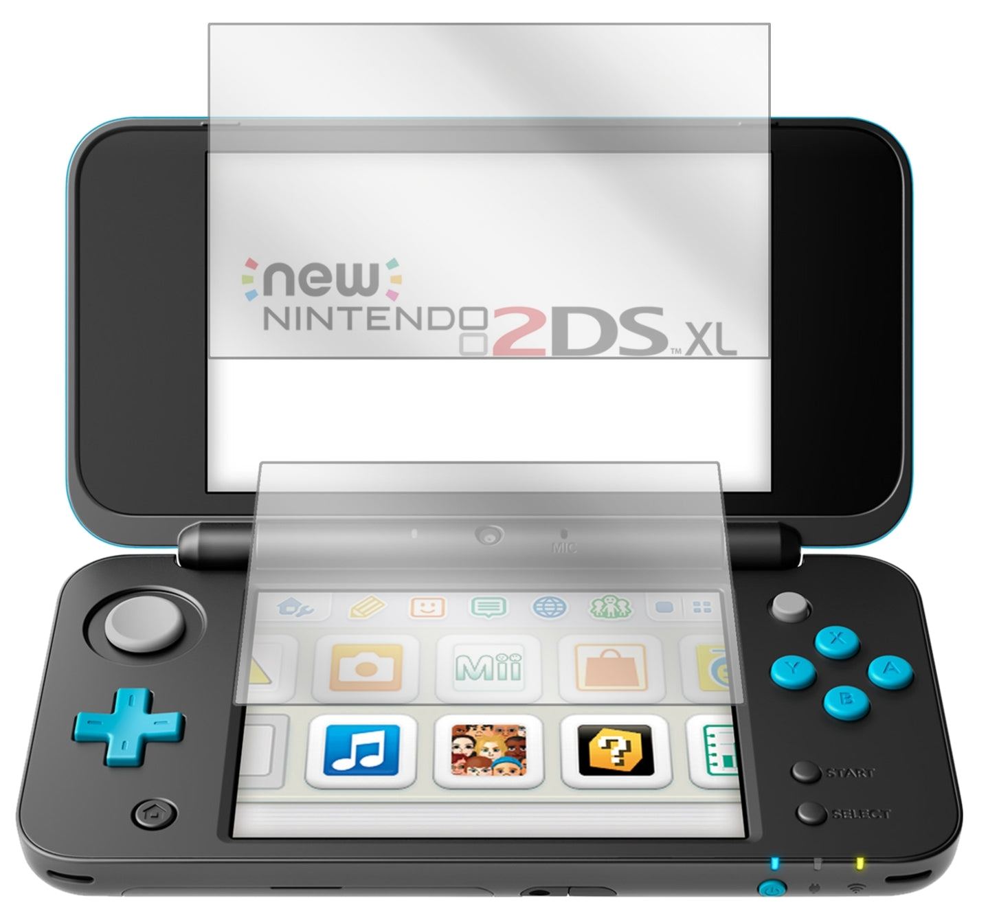 Nintendo2DS XL mit aufgebrachter dipos Displayschutzfolie, glasklare Darstellung ohne Einschränkungen