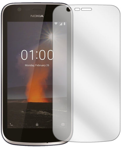 Nokia1 mit aufgebrachter dipos Displayschutzfolie, glasklare Darstellung ohne Einschränkungen