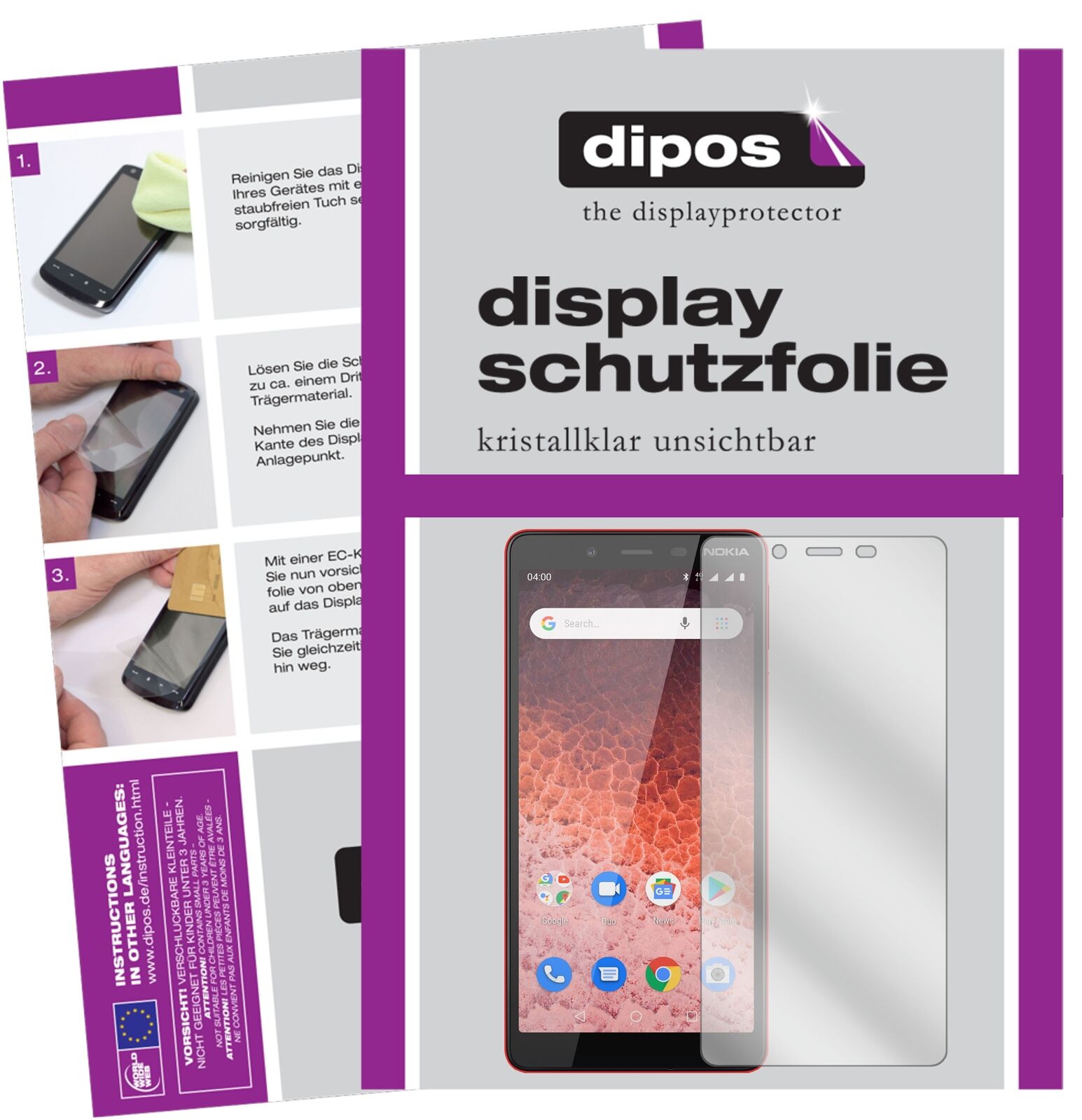 Nokia1 Plus mit aufgebrachter dipos Displayschutzfolie, glasklare Darstellung ohne Einschränkungen