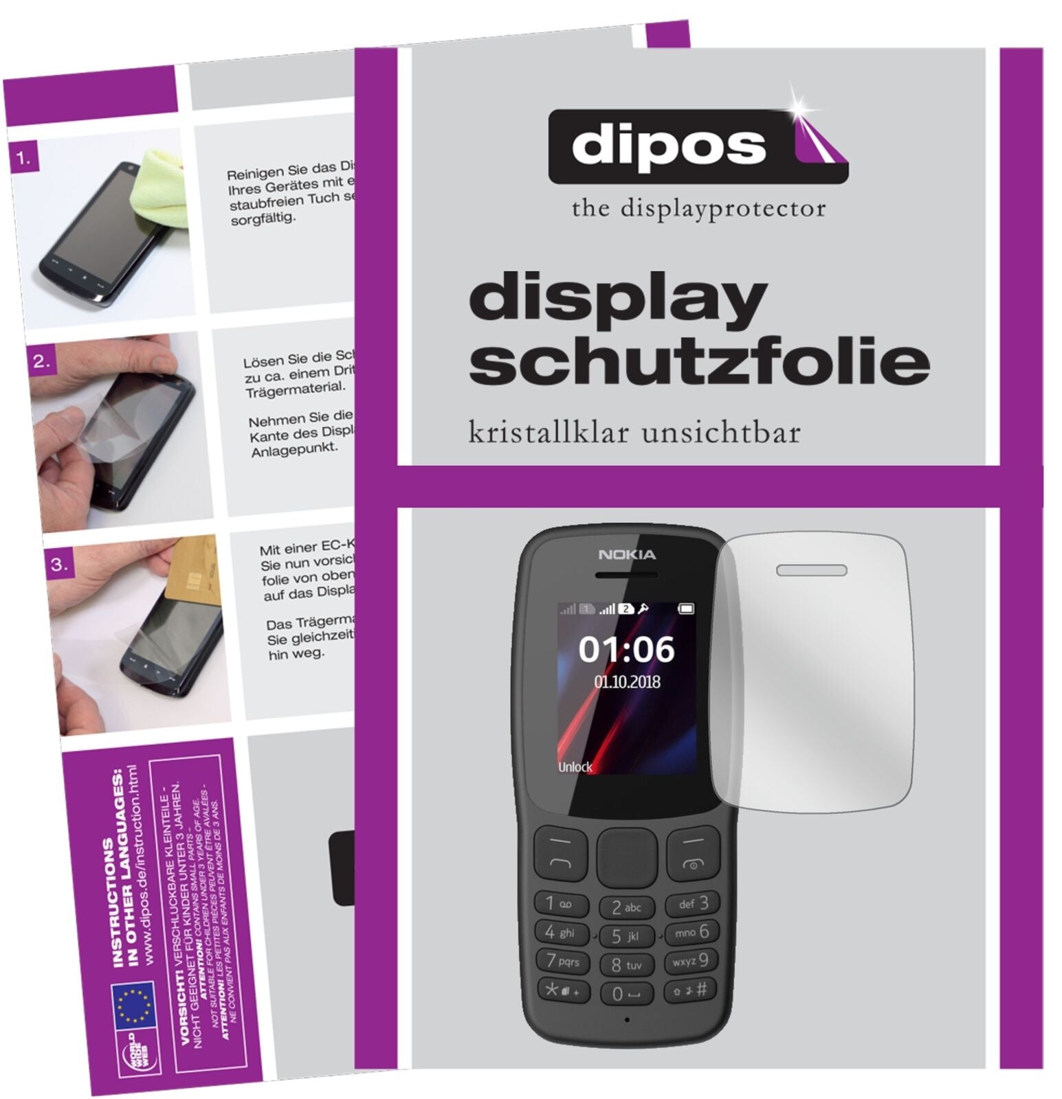 Nokia106 (2018) mit aufgebrachter dipos Displayschutzfolie, glasklare Darstellung ohne Einschränkungen