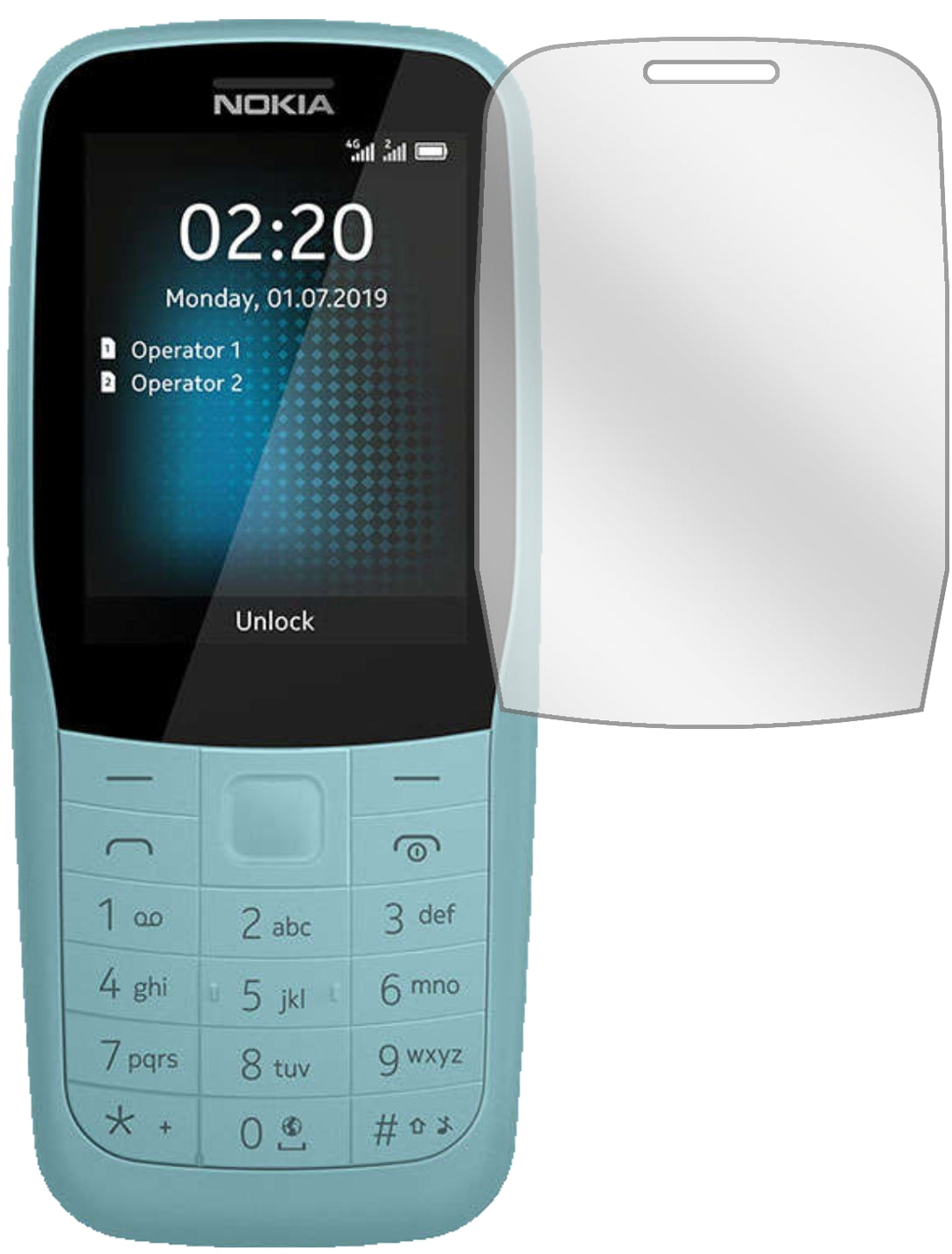 Nokia220 4G mit aufgebrachter dipos Displayschutzfolie, glasklare Darstellung ohne Einschränkungen