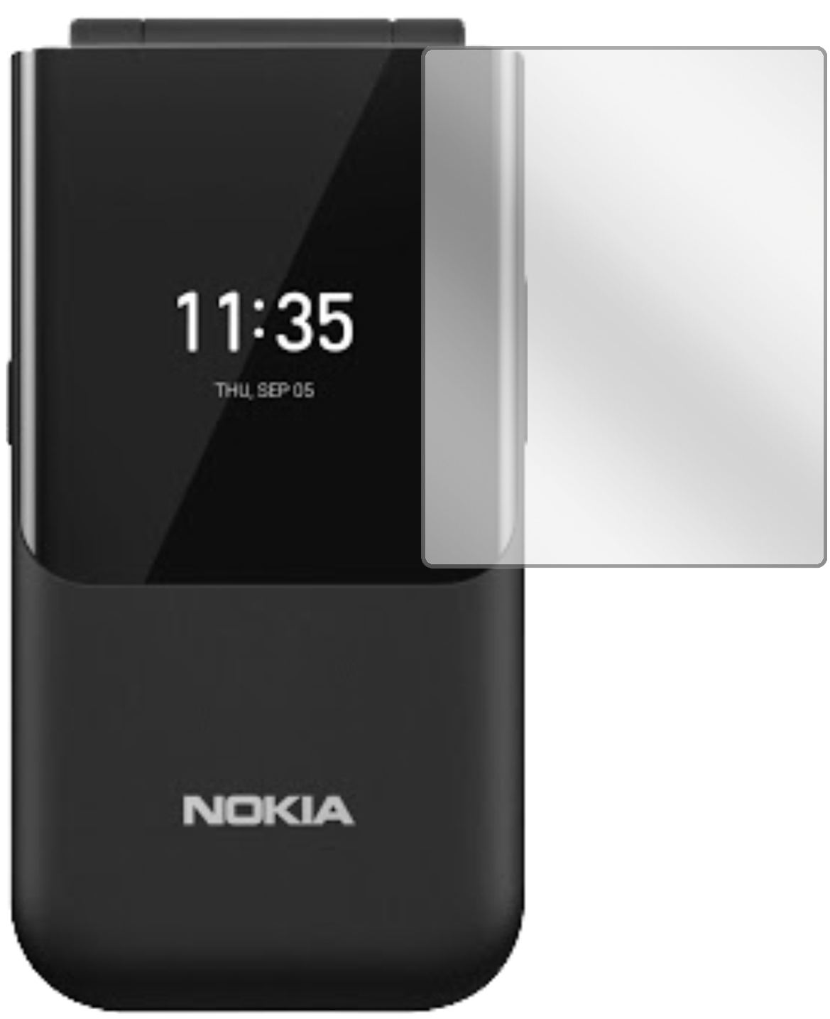 Nokia2720 Flip Rückseite mit aufgebrachter dipos Displayschutzfolie, glasklare Darstellung ohne Einschränkungen
