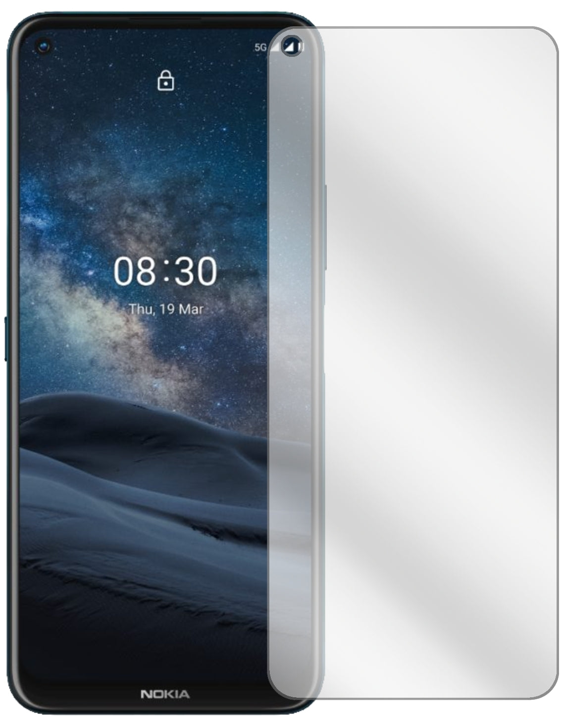 Nokia8.3 5G mit aufgebrachter dipos Displayschutzfolie, glasklare Darstellung ohne Einschränkungen