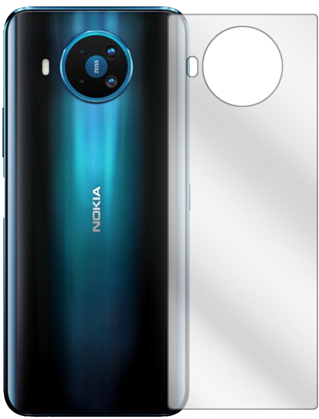 Nokia8.3 Rückseite mit aufgebrachter dipos Displayschutzfolie, glasklare Darstellung ohne Einschränkungen