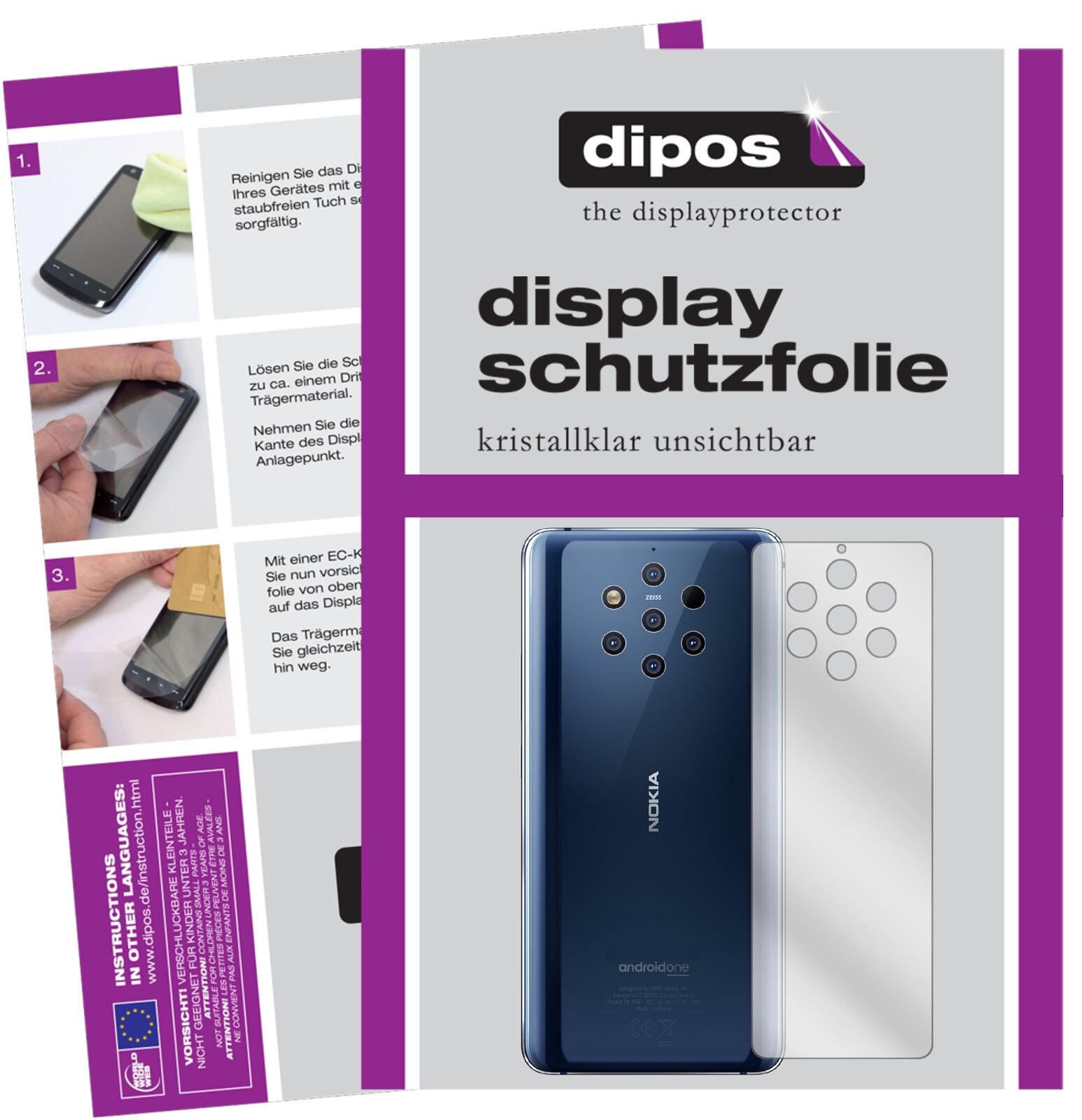 Nokia9 PureView Rückseite mit aufgebrachter dipos Displayschutzfolie, glasklare Darstellung ohne Einschränkungen