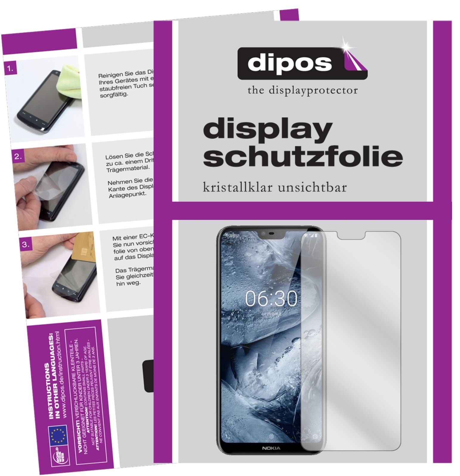 NokiaX6 2018 TA1099 mit aufgebrachter dipos Displayschutzfolie, glasklare Darstellung ohne Einschränkungen