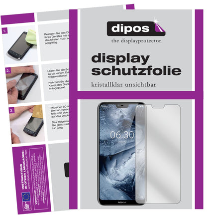 NokiaX6 2018 TA1099 mit aufgebrachter dipos Displayschutzfolie, glasklare Darstellung ohne Einschränkungen