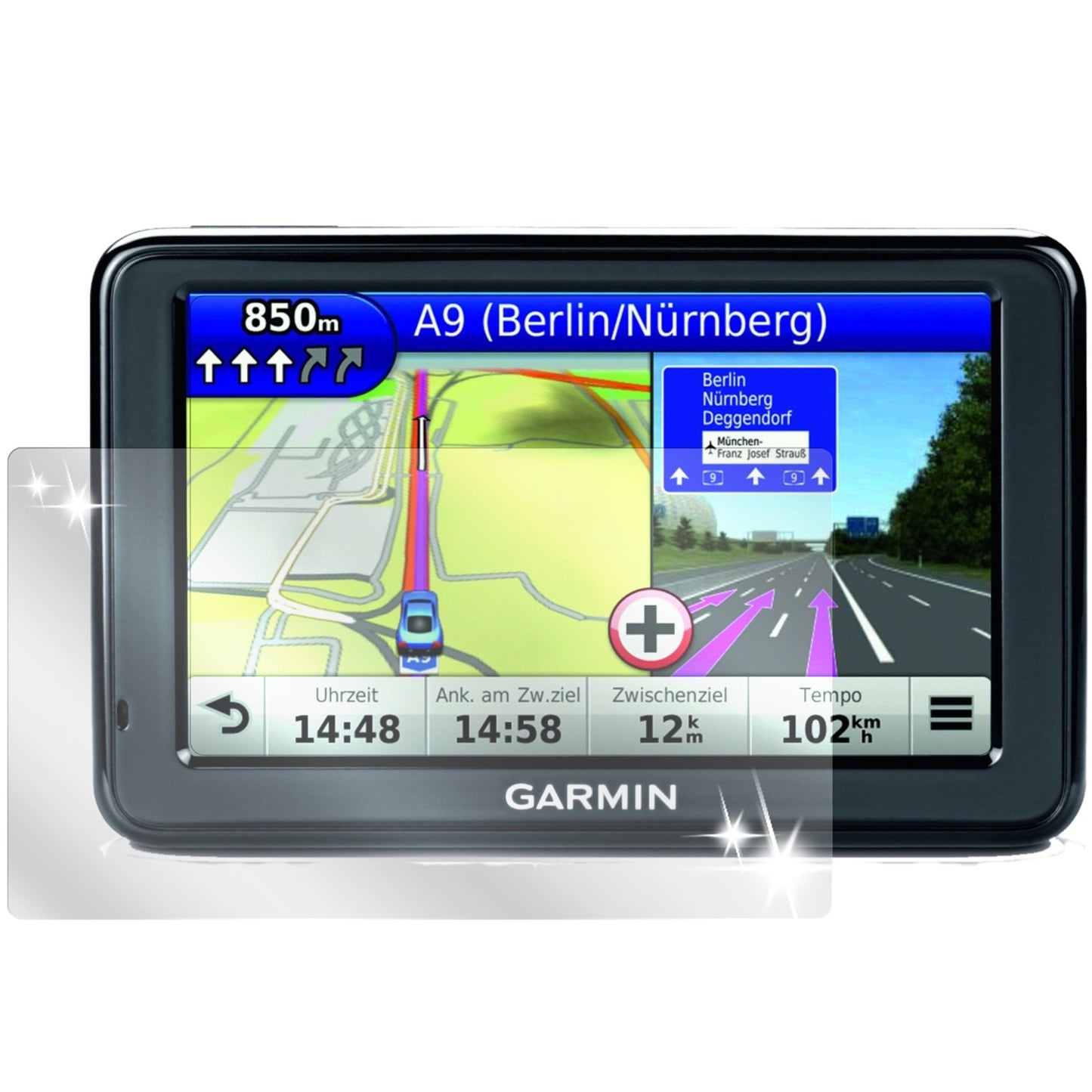 nüvi 2545 LMTGarmin mit aufgebrachter dipos Displayschutzfolie, glasklare Darstellung ohne Einschränkungen
