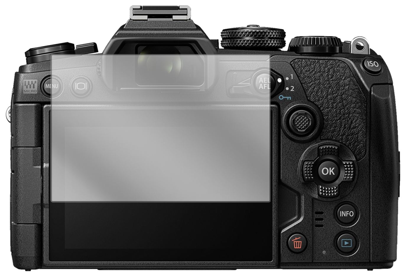 OlympusOM-D E-M1 Mark III mit aufgebrachter dipos Displayschutzfolie, glasklare Darstellung ohne Einschränkungen