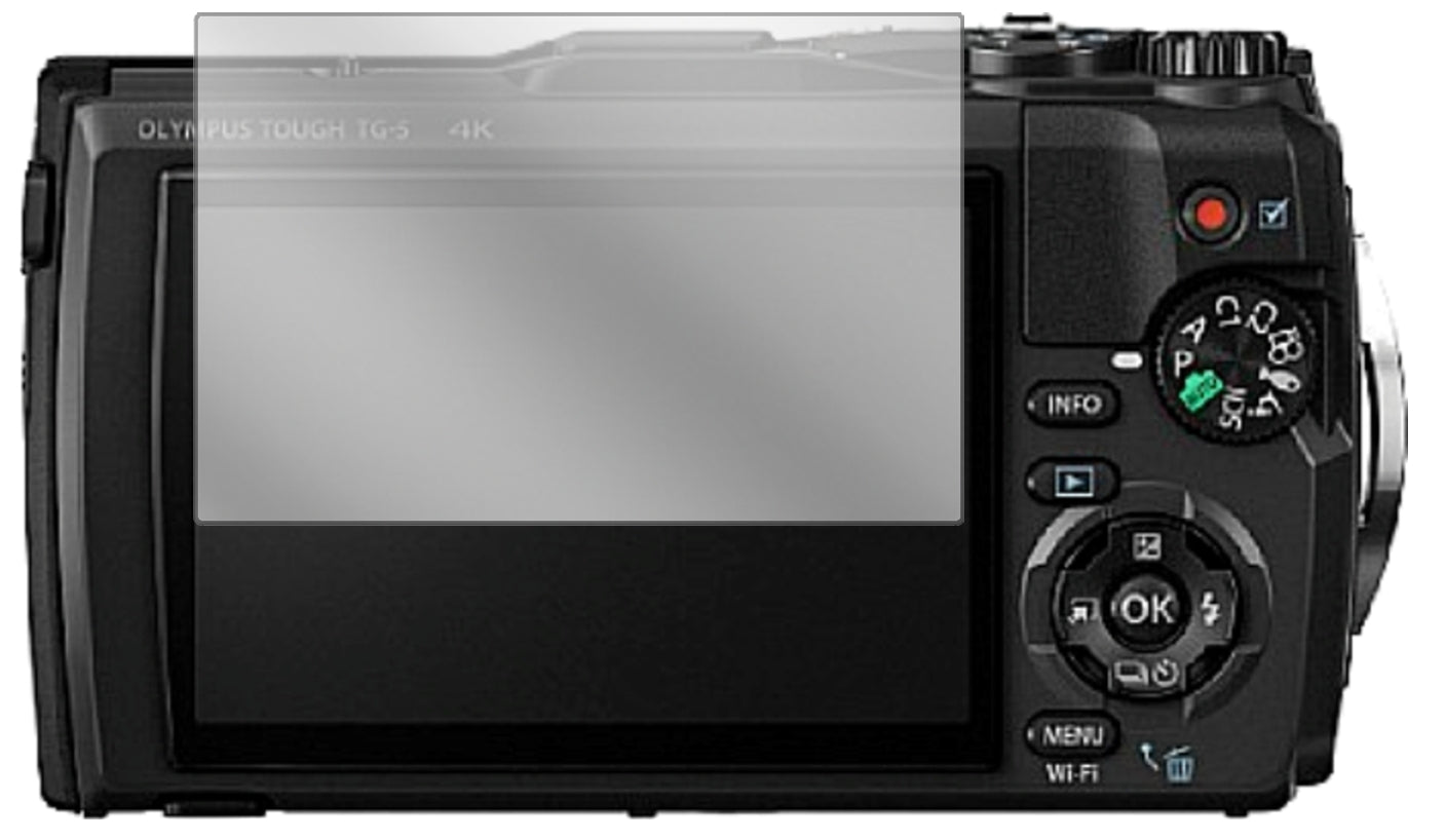 OlympusTough TG-5 mit aufgebrachter dipos Displayschutzfolie, glasklare Darstellung ohne Einschränkungen