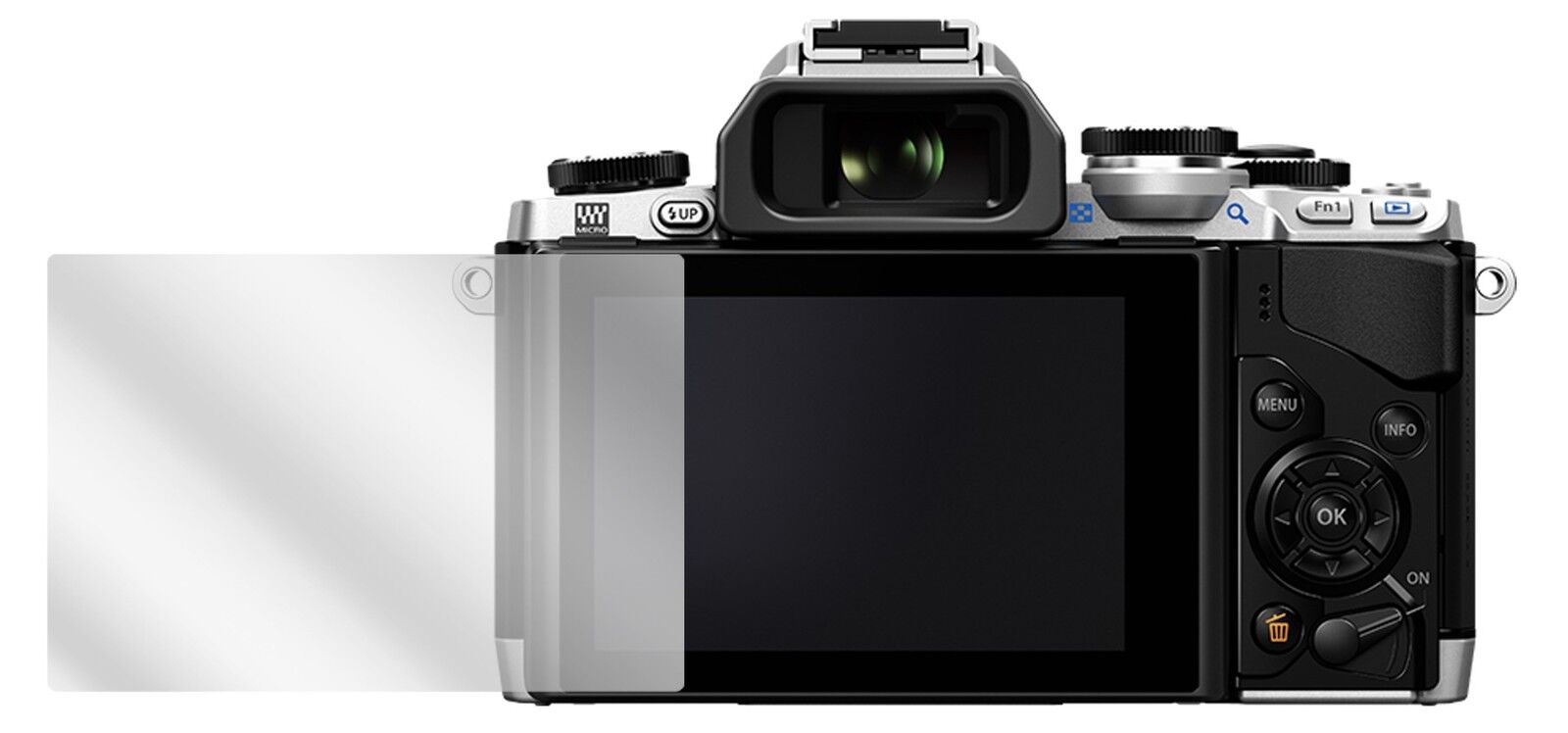OM-D E-M10Olympus mit aufgebrachter dipos Displayschutzfolie, glasklare Darstellung ohne Einschränkungen