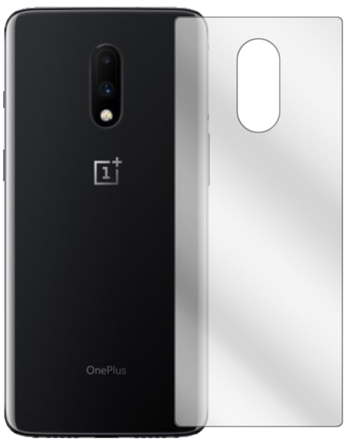 OnePlus7 Rückseite mit aufgebrachter dipos Displayschutzfolie, glasklare Darstellung ohne Einschränkungen