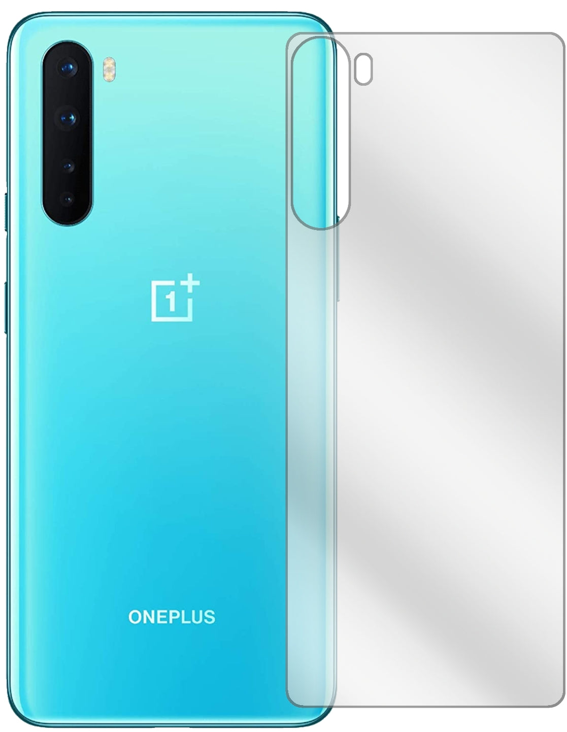 OnePlusNord Rückseite mit aufgebrachter dipos Displayschutzfolie, glasklare Darstellung ohne Einschränkungen
