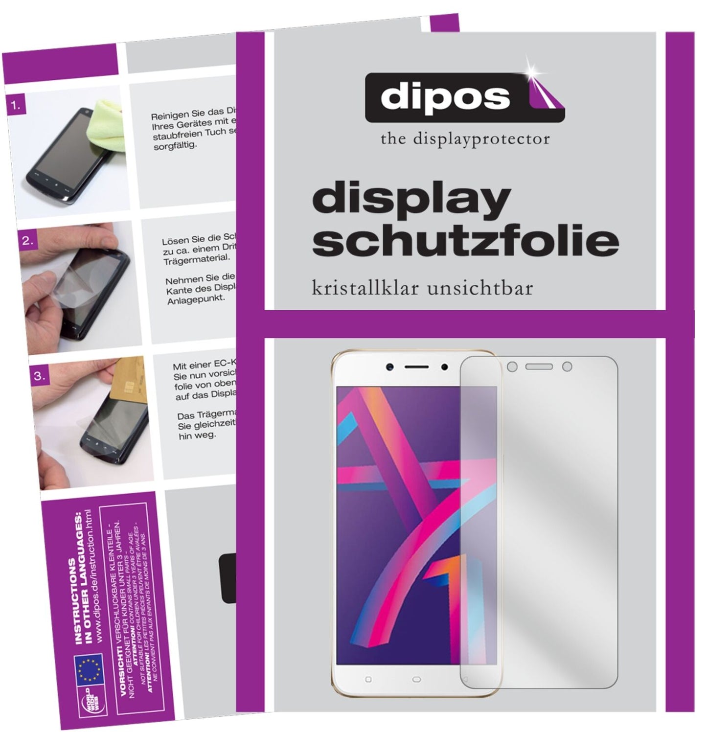 OppoA71 2018 mit aufgebrachter dipos Displayschutzfolie, glasklare Darstellung ohne Einschränkungen