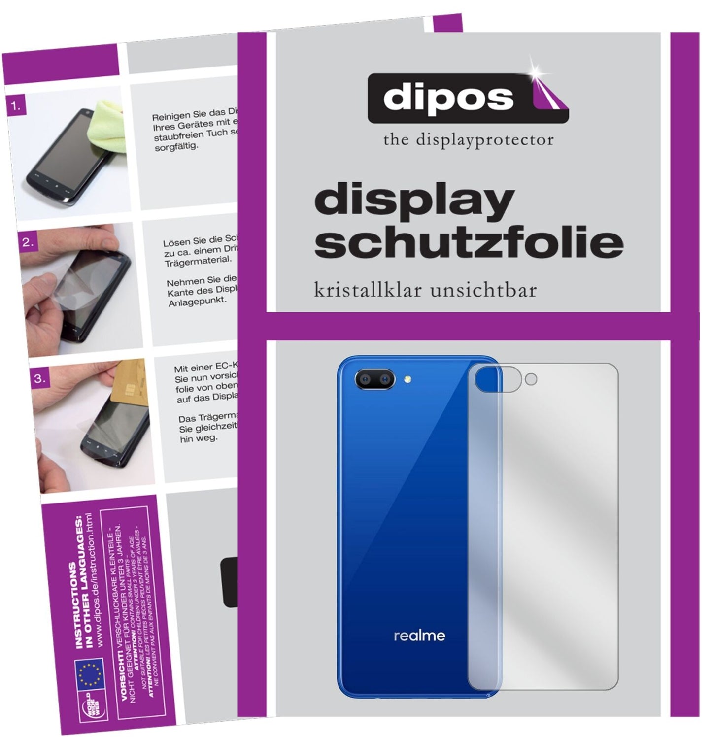 OppoRealme C1 Rückseite mit aufgebrachter dipos Displayschutzfolie, glasklare Darstellung ohne Einschränkungen