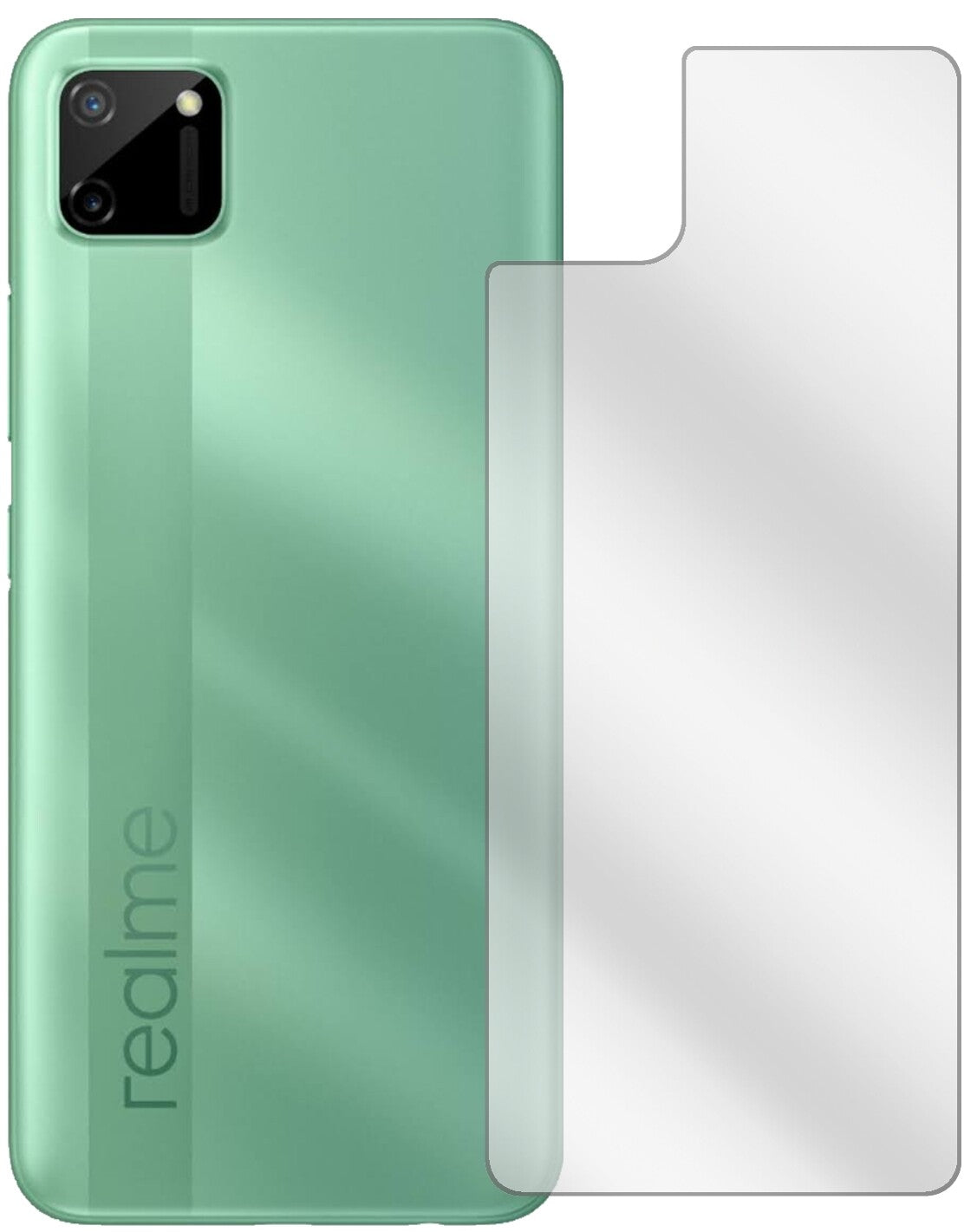 OppoRealme C11 Rückseite mit aufgebrachter dipos Displayschutzfolie, glasklare Darstellung ohne Einschränkungen