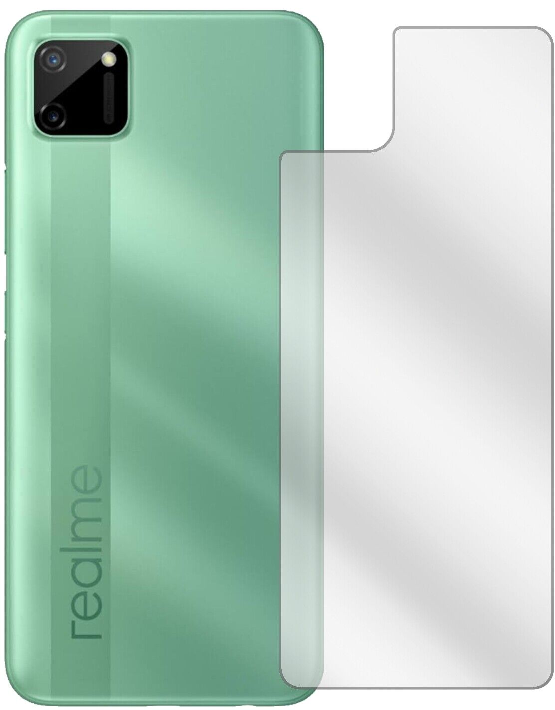 OppoRealme C11 Rückseite mit aufgebrachter dipos Displayschutzfolie, glasklare Darstellung ohne Einschränkungen