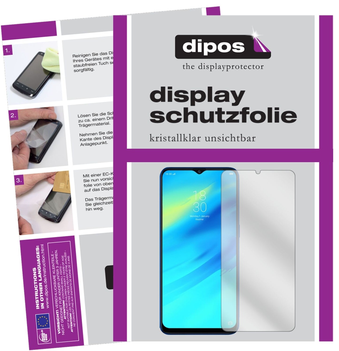 OppoRealme C2 mit aufgebrachter dipos Displayschutzfolie, glasklare Darstellung ohne Einschränkungen