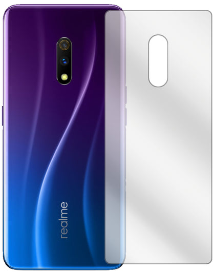 OppoRealme X Rückseite mit aufgebrachter dipos Displayschutzfolie, glasklare Darstellung ohne Einschränkungen