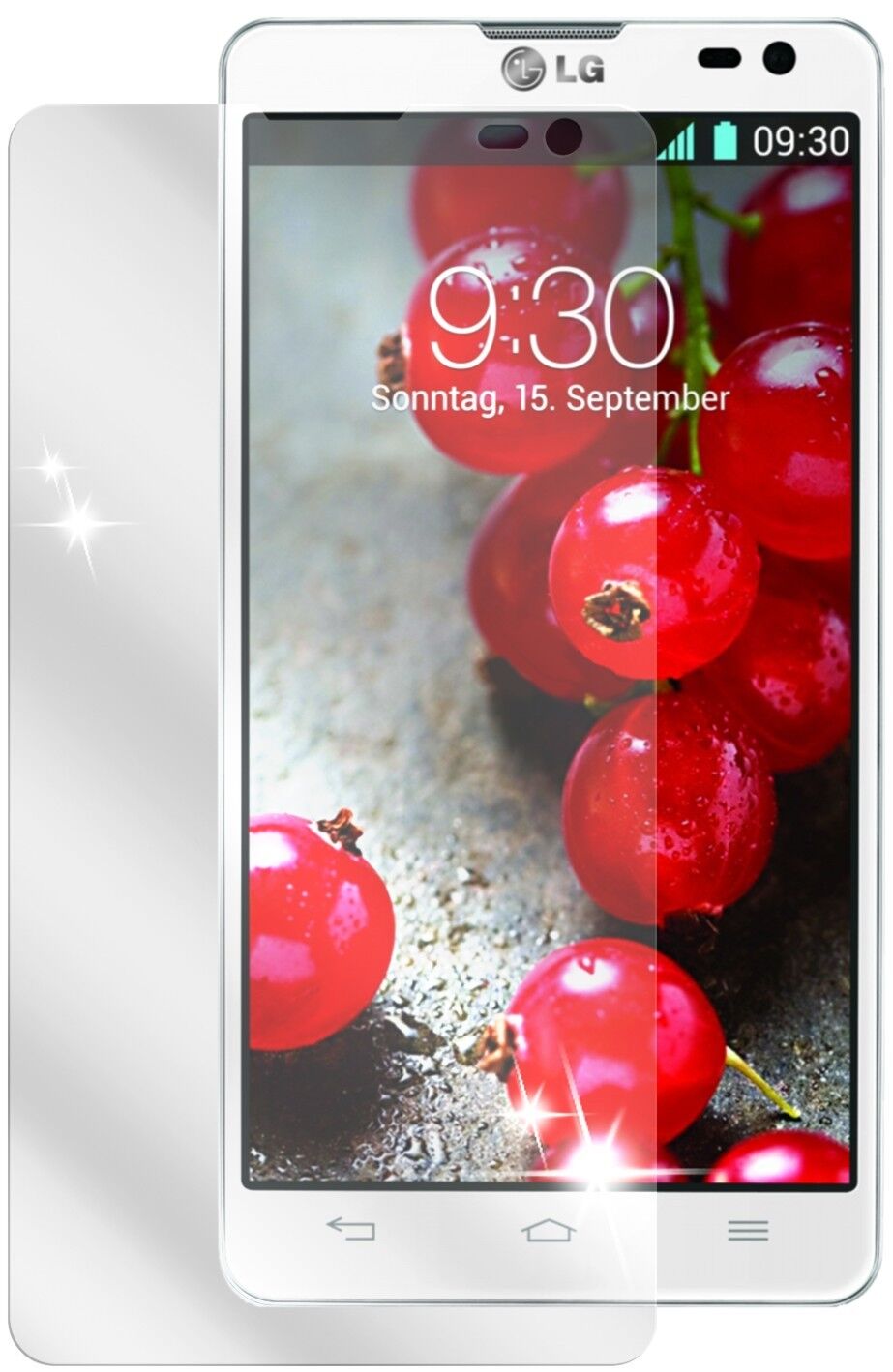 Optimus L9 2LG mit aufgebrachter dipos Displayschutzfolie, glasklare Darstellung ohne Einschränkungen