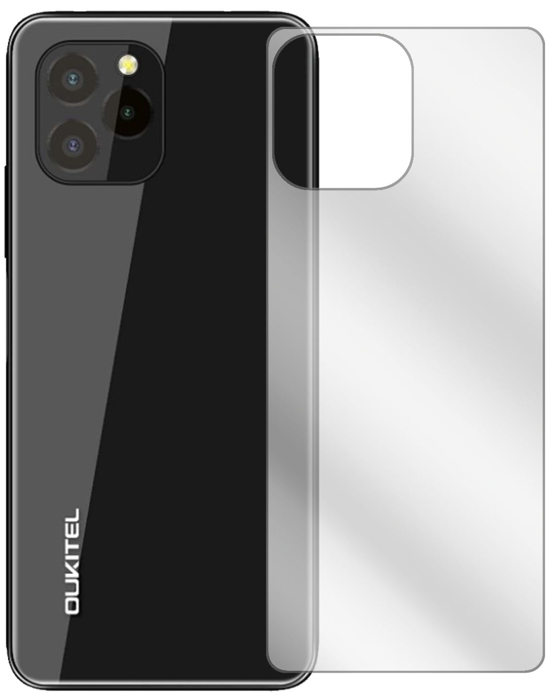 OukitelC21 Pro Rückseite mit aufgebrachter dipos Displayschutzfolie, glasklare Darstellung ohne Einschränkungen