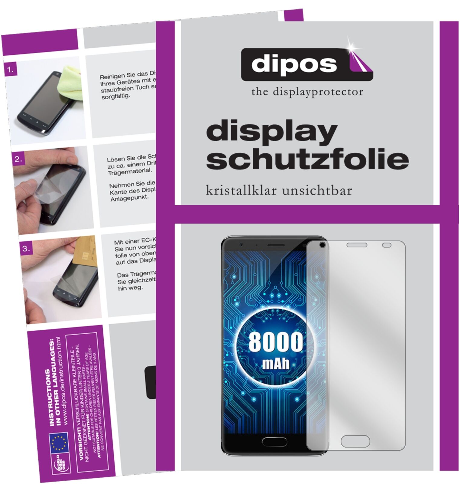 OukitelK8000 mit aufgebrachter dipos Displayschutzfolie, glasklare Darstellung ohne Einschränkungen