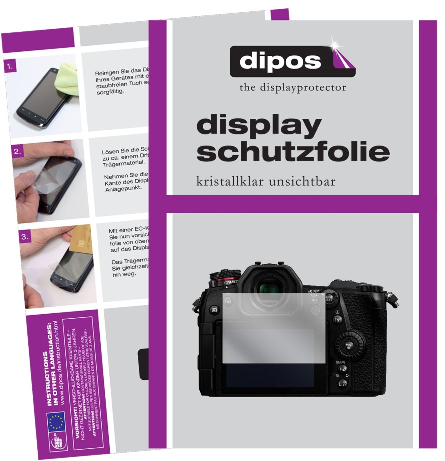 PanasonicLumix DC-G9 mit aufgebrachter dipos Displayschutzfolie, glasklare Darstellung ohne Einschränkungen