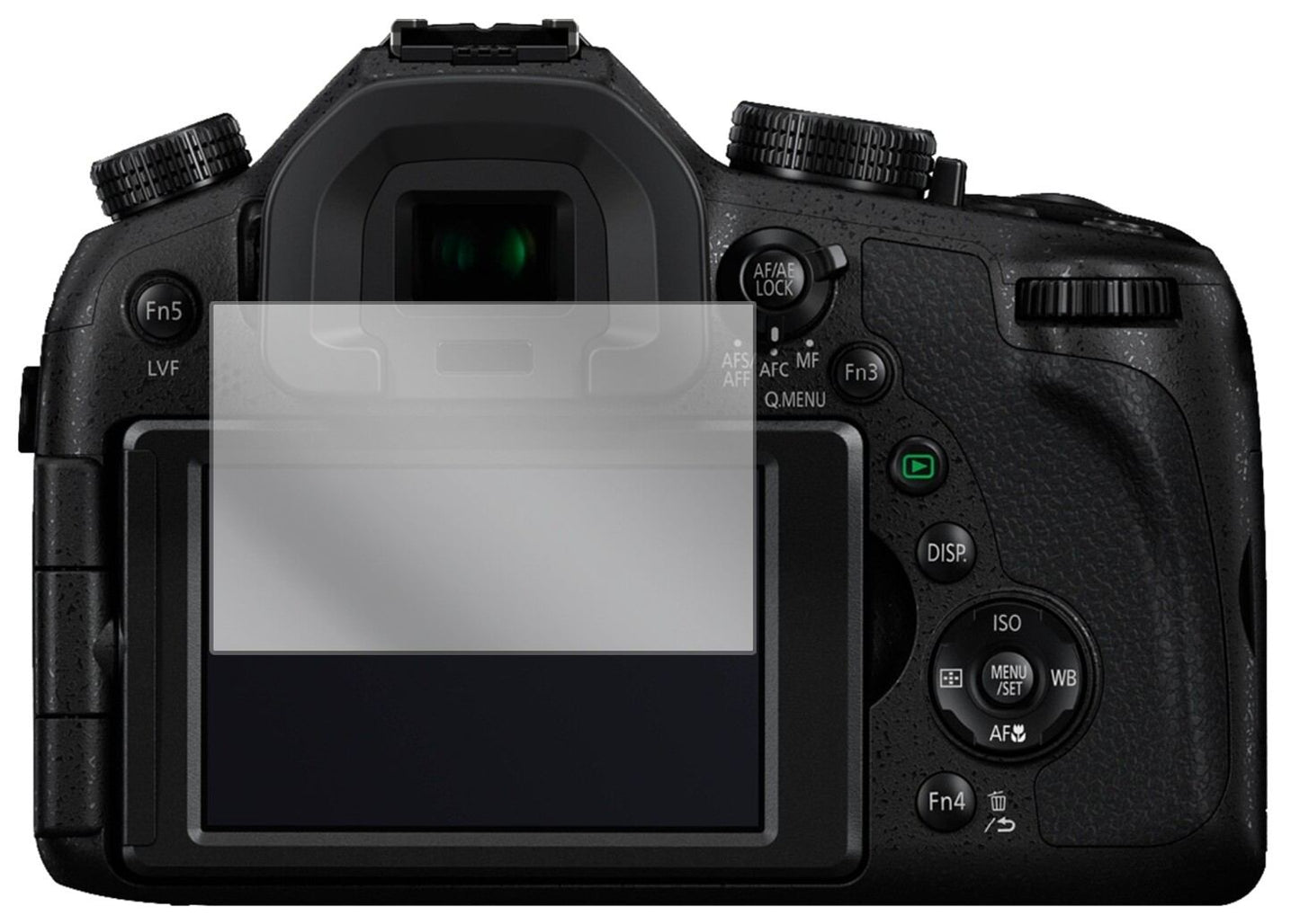PanasonicLUMIX DMC-FZ1000EG mit aufgebrachter dipos Displayschutzfolie, glasklare Darstellung ohne Einschränkungen