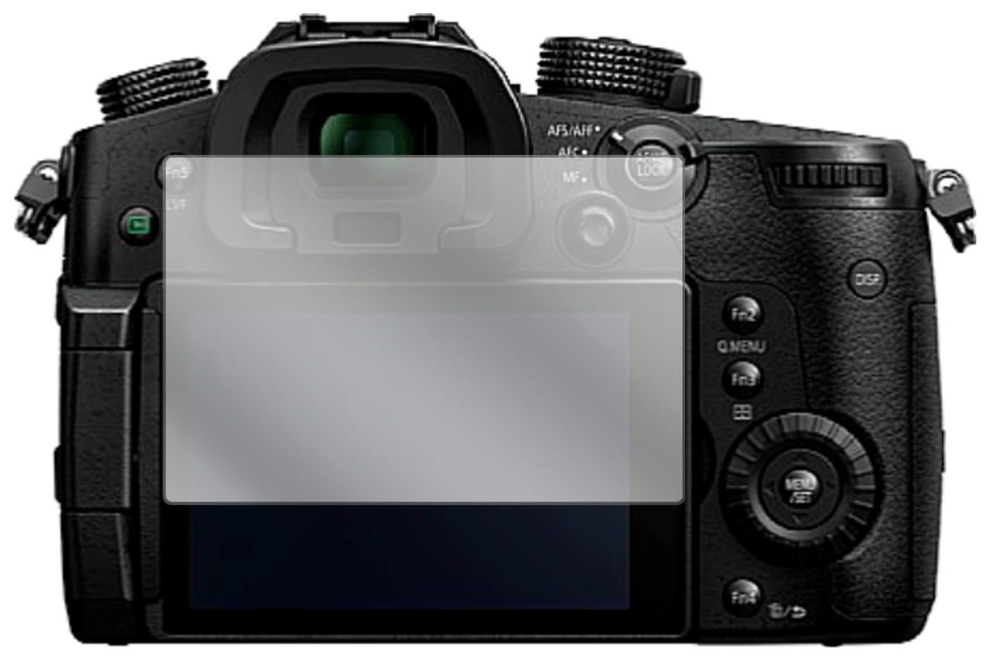PanasonicLumix DMC-GH5 mit aufgebrachter dipos Displayschutzfolie, glasklare Darstellung ohne Einschränkungen