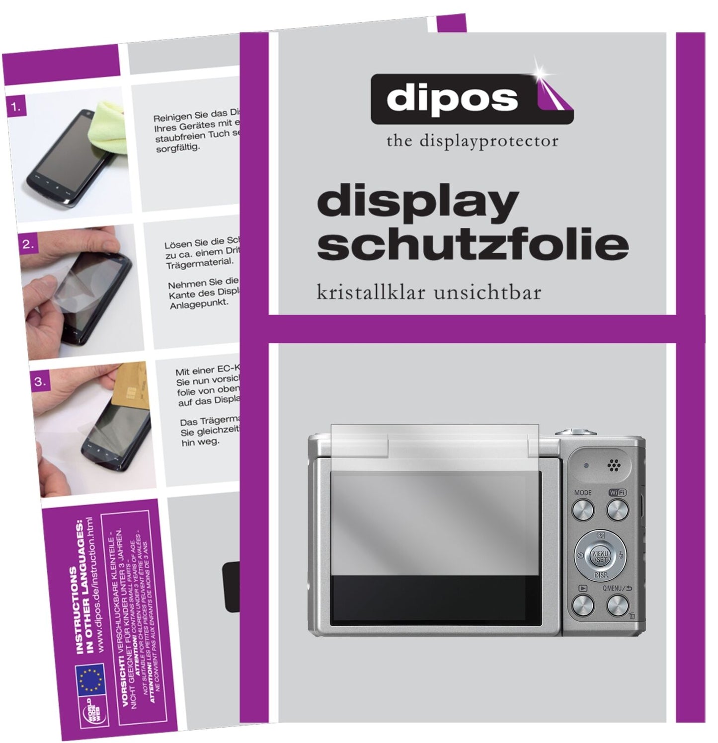 PanasonicLumix DMC-SZ10 mit aufgebrachter dipos Displayschutzfolie, glasklare Darstellung ohne Einschränkungen