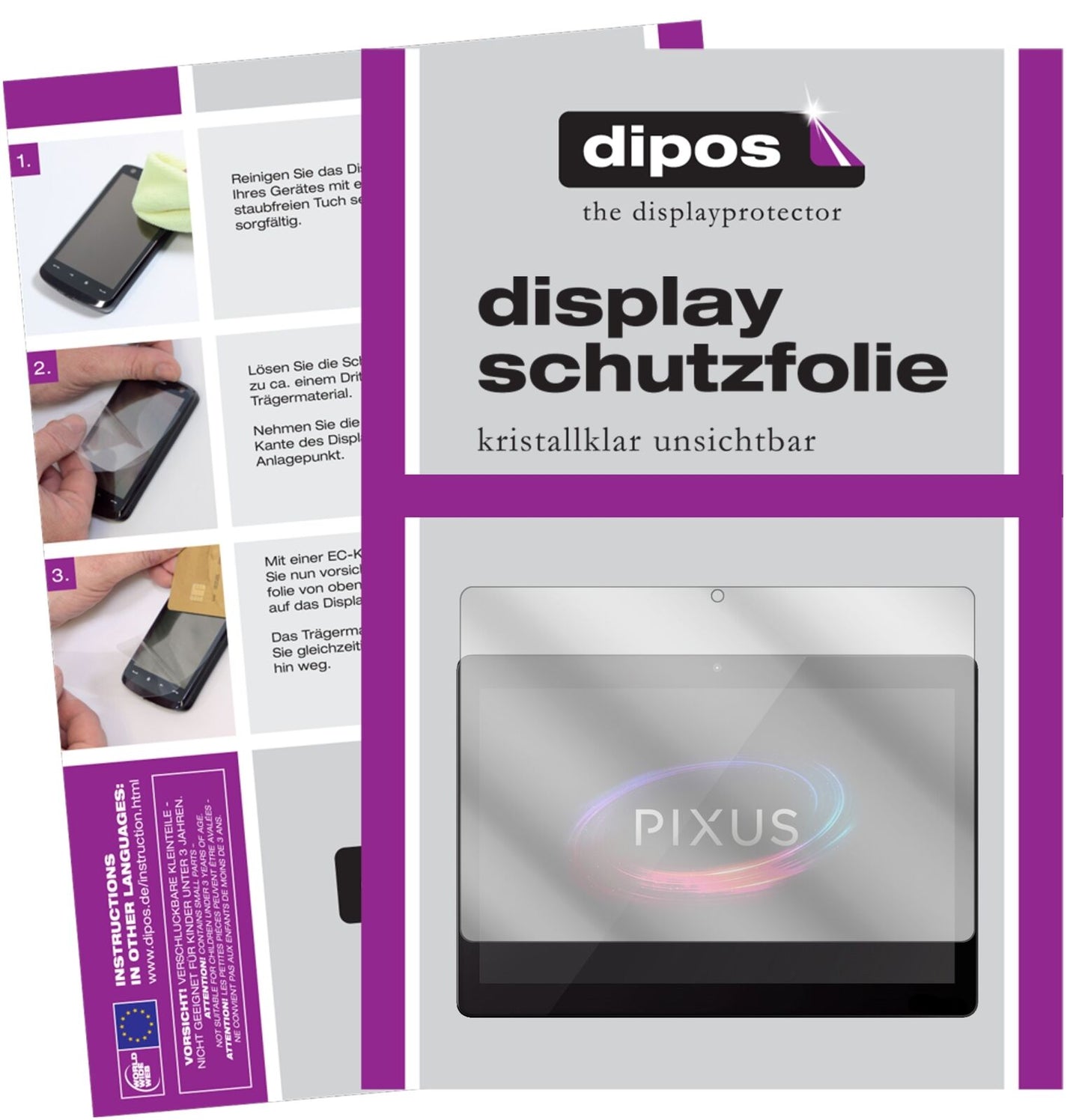 PixusVision 10.1 mit aufgebrachter dipos Displayschutzfolie, glasklare Darstellung ohne Einschränkungen