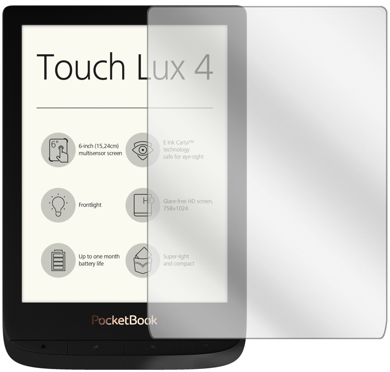 PocketBookTouch Lux 4 mit aufgebrachter dipos Displayschutzfolie, glasklare Darstellung ohne Einschränkungen