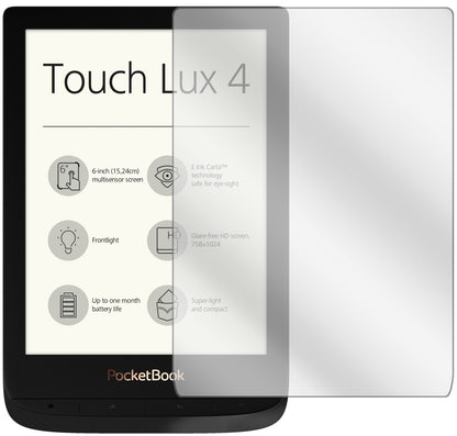 PocketBookTouch Lux 4 mit aufgebrachter dipos Displayschutzfolie, glasklare Darstellung ohne Einschränkungen