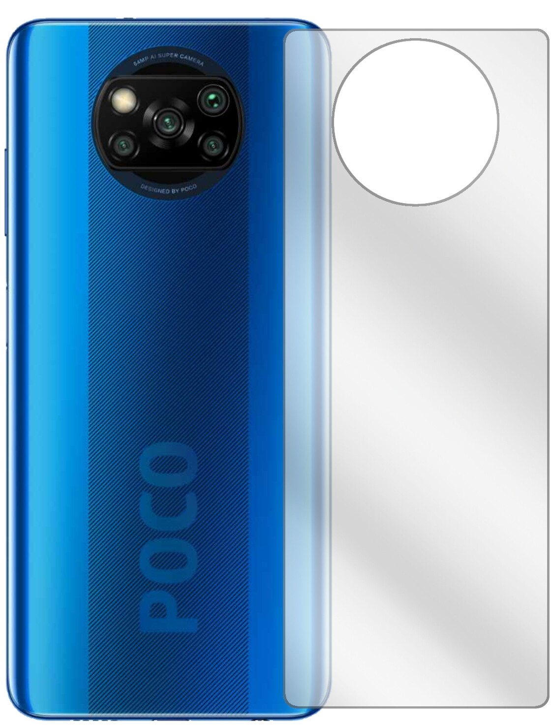 PocoX3 NFC Rückseite mit aufgebrachter dipos Displayschutzfolie, glasklare Darstellung ohne Einschränkungen