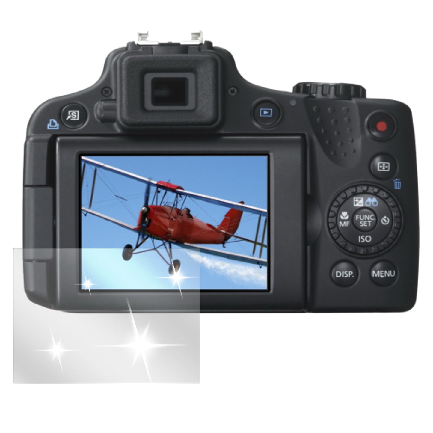 Powershot SX 50Canon mit aufgebrachter dipos Displayschutzfolie, glasklare Darstellung ohne Einschränkungen