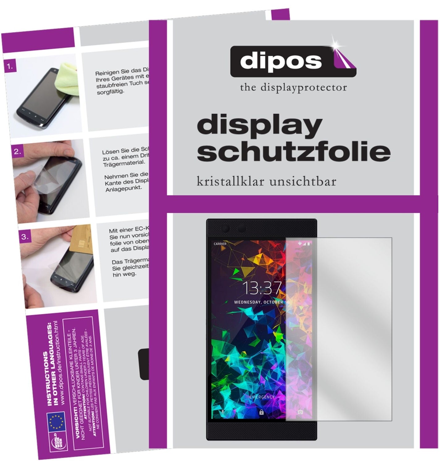 RazerPhone 2 mit aufgebrachter dipos Displayschutzfolie, glasklare Darstellung ohne Einschränkungen