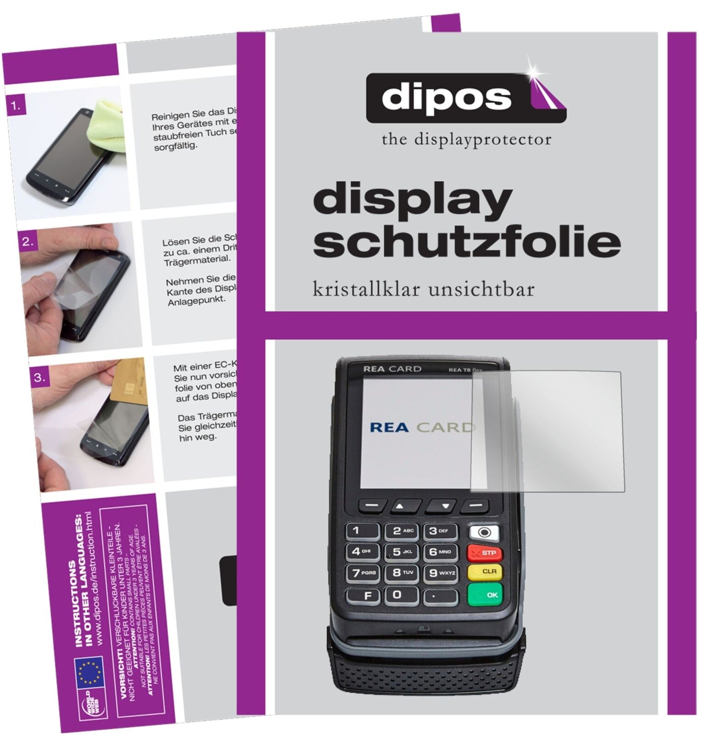 REA CARDT8 flex Terminal mit aufgebrachter dipos Displayschutzfolie, glasklare Darstellung ohne Einschränkungen