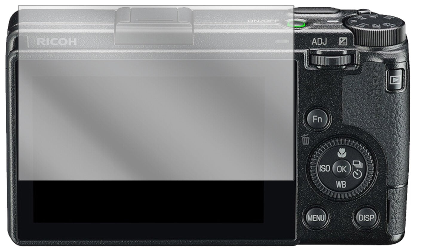 RicohGR III mit aufgebrachter dipos Displayschutzfolie, glasklare Darstellung ohne Einschränkungen