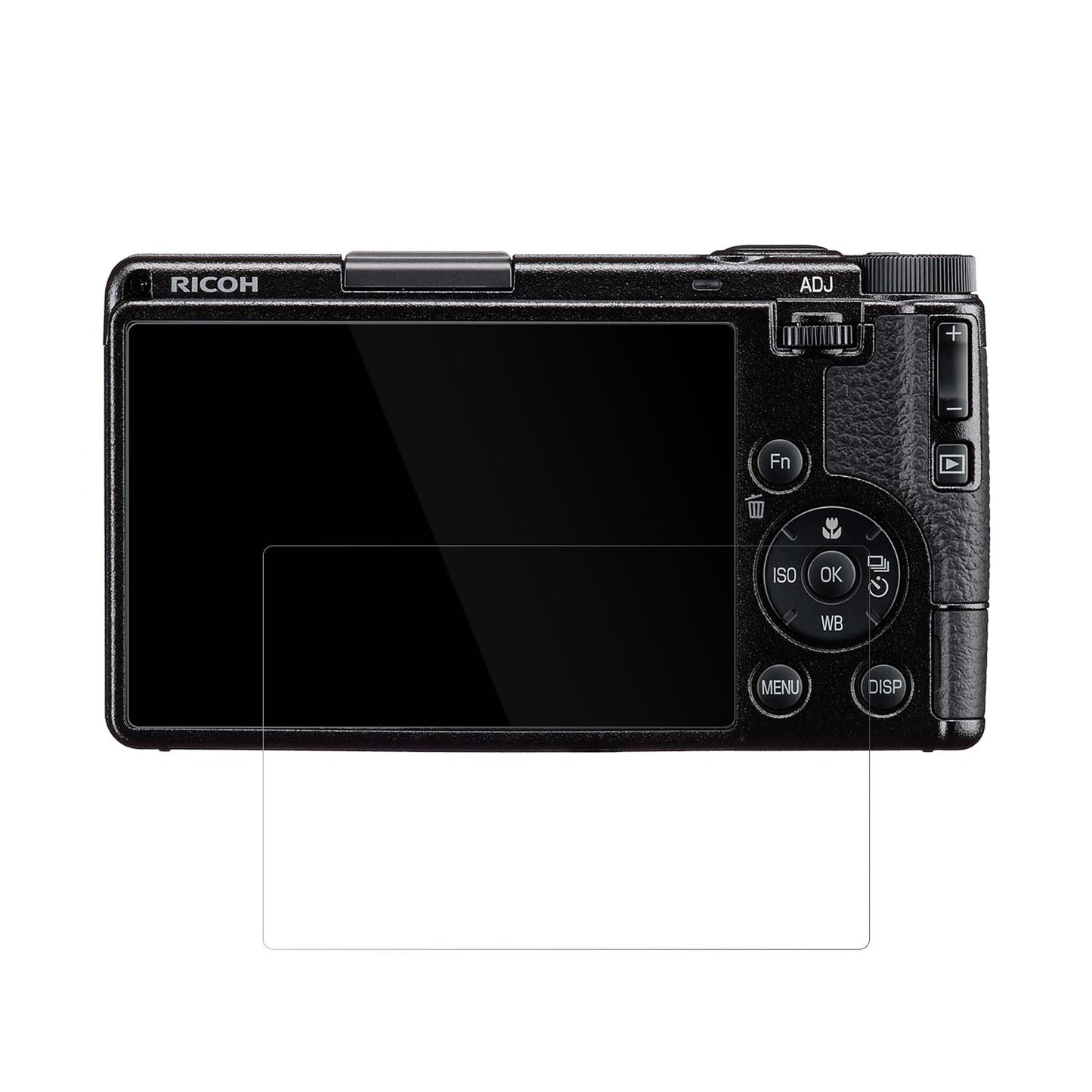 RicohGR IV mit aufgebrachter dipos Displayschutzfolie, glasklare Darstellung ohne Einschränkungen