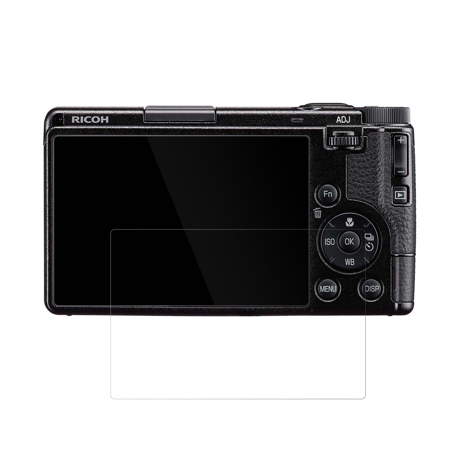 RicohGR IV mit aufgebrachter dipos Displayschutzfolie, glasklare Darstellung ohne Einschränkungen