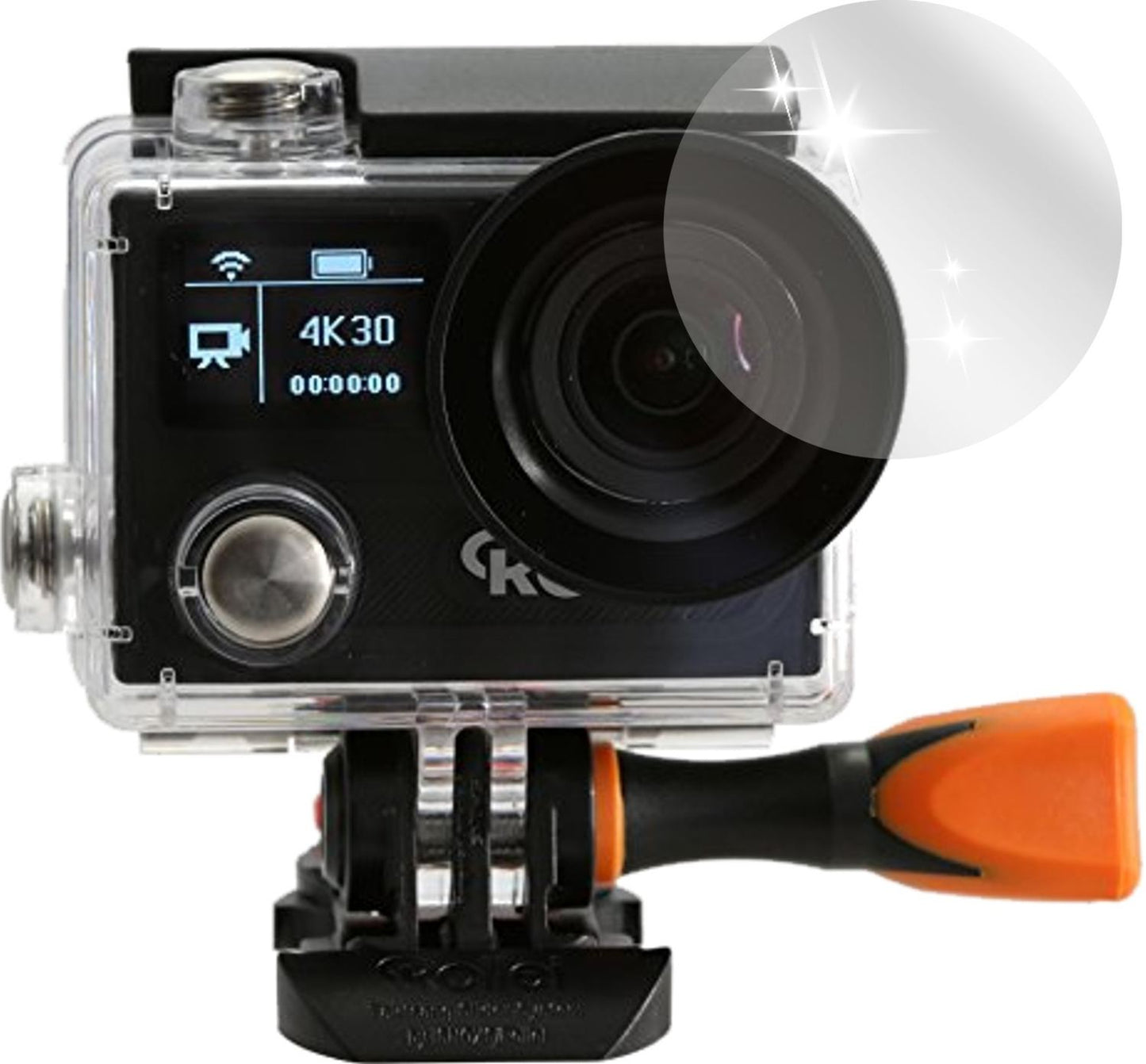 RolleiActioncam 430 mit aufgebrachter dipos Displayschutzfolie, glasklare Darstellung ohne Einschränkungen