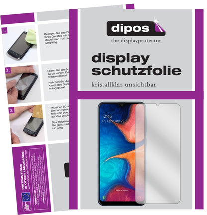 SamsungGalaxy A20e mit aufgebrachter dipos Displayschutzfolie, glasklare Darstellung ohne Einschränkungen