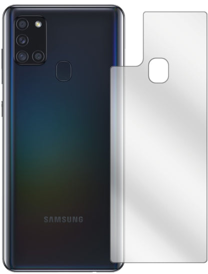 SamsungGalaxy A21s Rückseite mit aufgebrachter dipos Displayschutzfolie, glasklare Darstellung ohne Einschränkungen