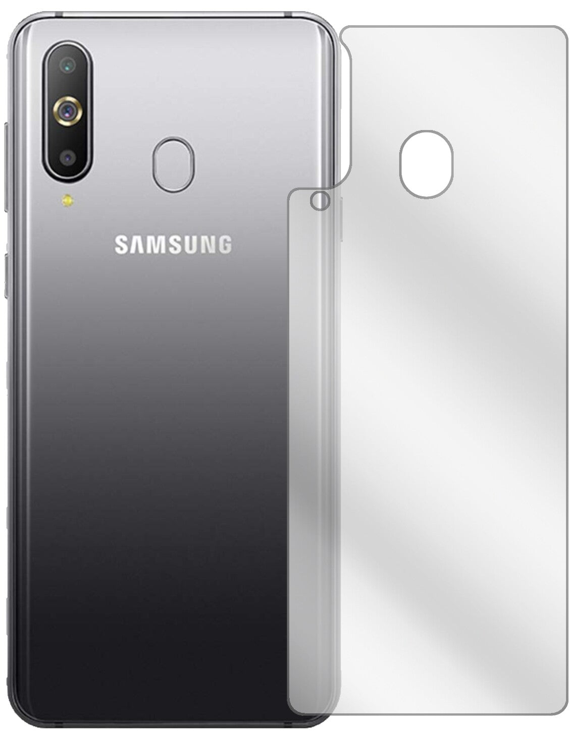 SamsungGalaxy A8s Rückseite mit aufgebrachter dipos Displayschutzfolie, glasklare Darstellung ohne Einschränkungen